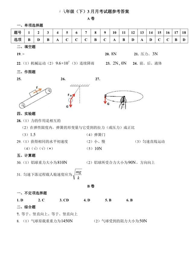 八年级下册物理第一次月考试卷第二套