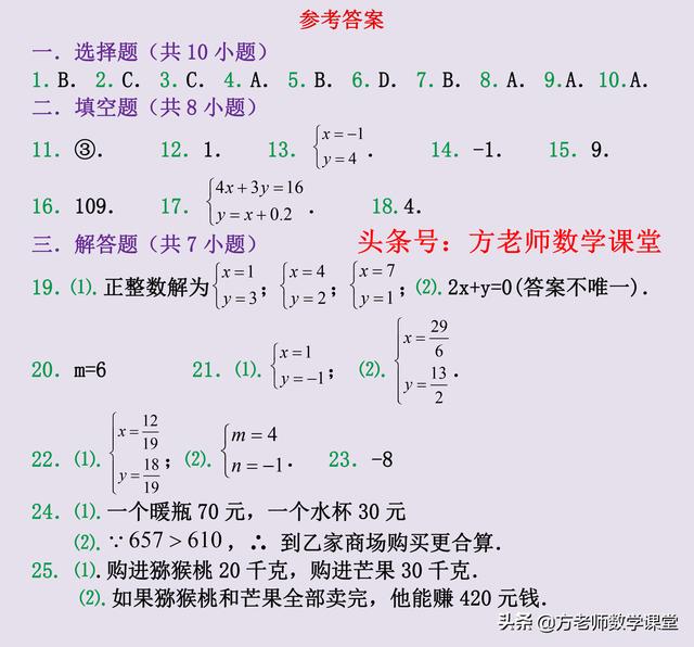 数学7下：二元一次方程组，有哪些常考题型？培优检测（可打印）
