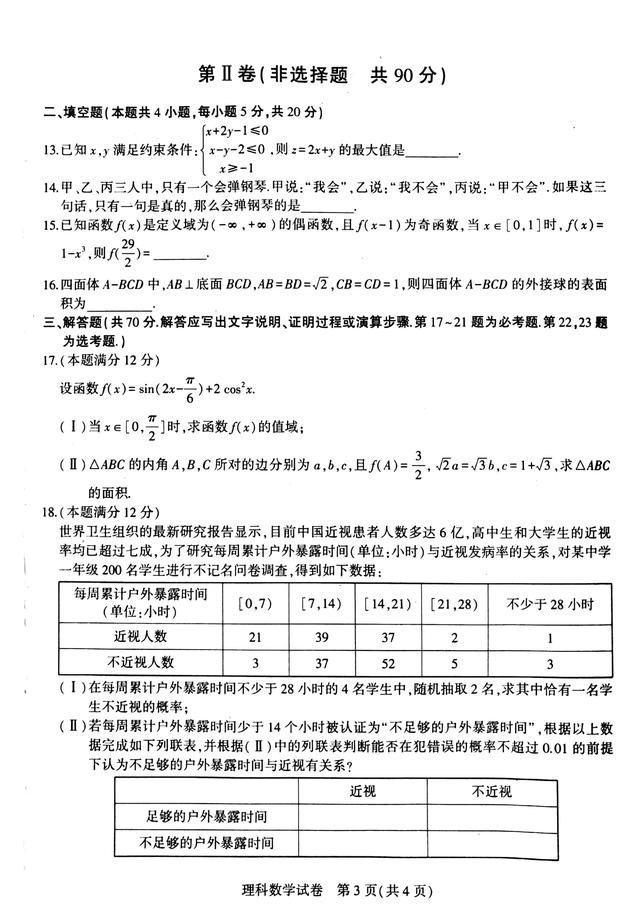 2019年三省三校高三第一次联合模拟考试 理科数学