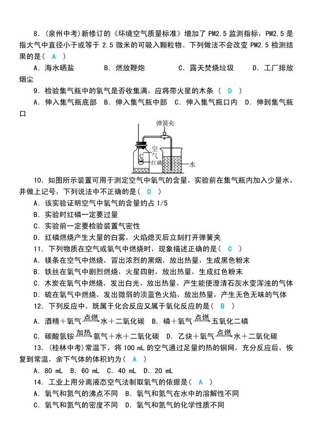 「人教版初三化学」第一、二章自测练习题，含答案