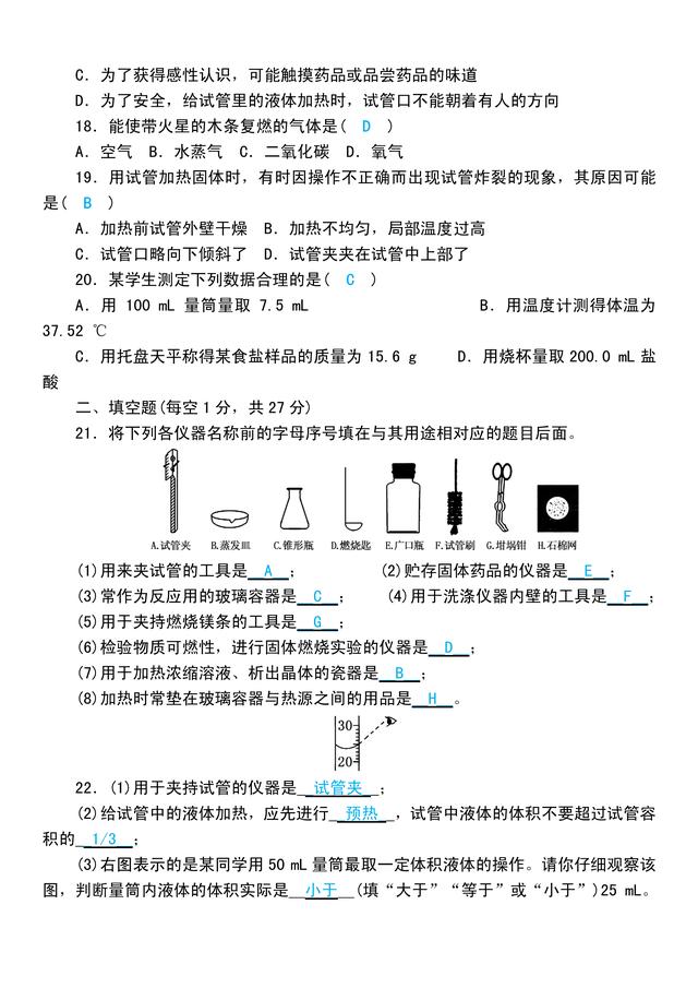 「人教版初三化学」第一、二章自测练习题，含答案