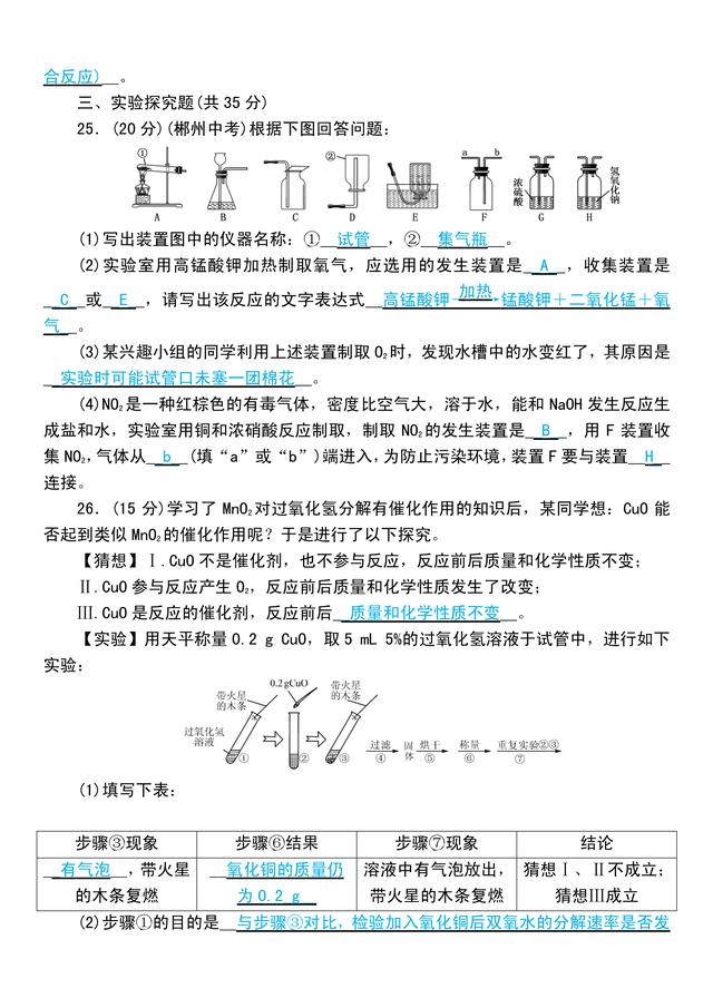 「人教版初三化学」第一、二章自测练习题，含答案