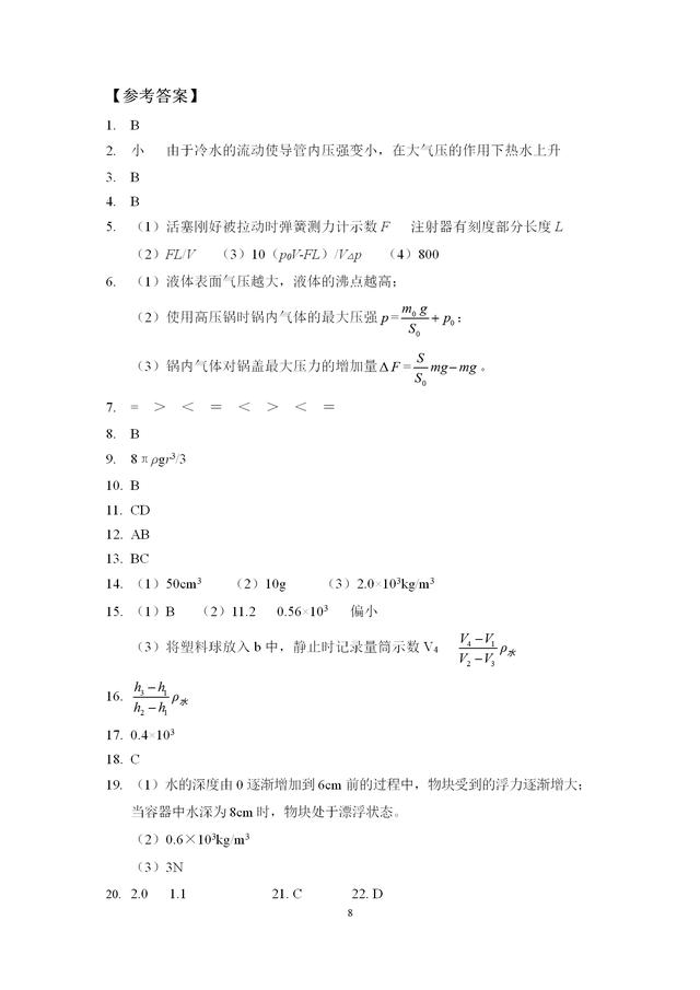 中考物理专题训练——“浮力与压强”易错题突破