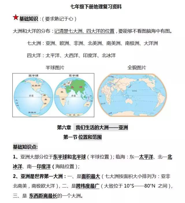 七年级下册地理知识汇总，提前为孩子收藏一学期的知识