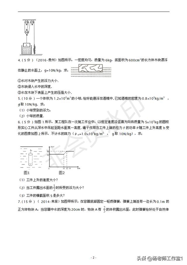 初中物理50道精选浮力计算题