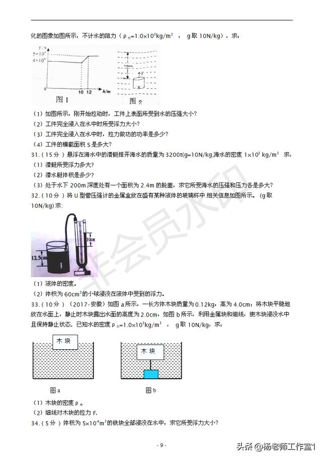 初中物理50道精选浮力计算题