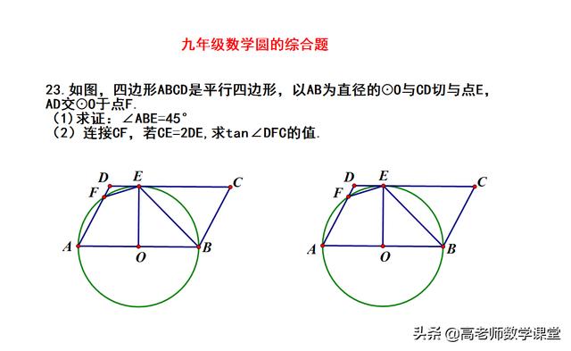 九年级圆的综合题，1利用切线证角是45°，2求正切值（有难度）