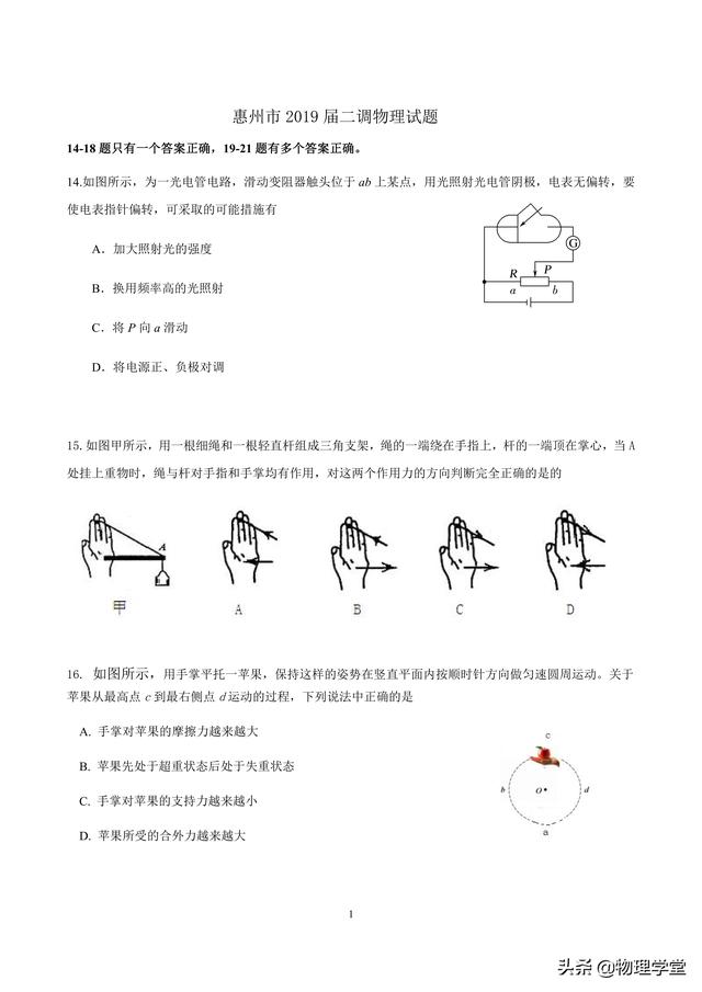 广东惠州市2019届二调物理试题及参考答案