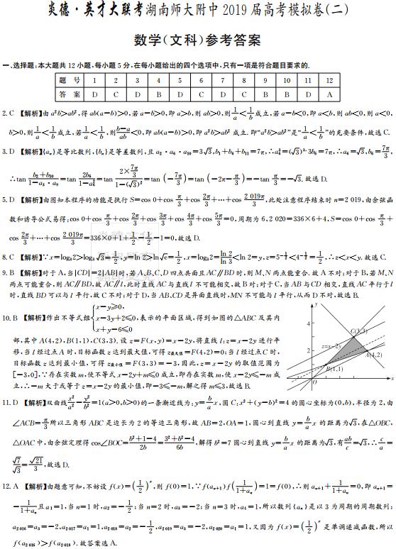 2019年炎德英才大联考湖南师大附中高考模拟卷二答案