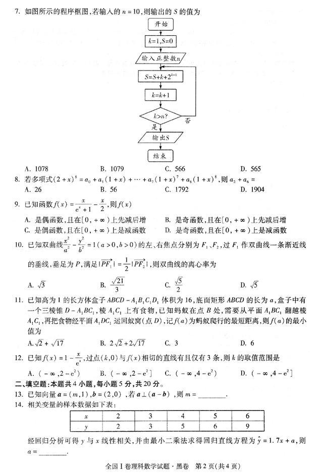 2019普通高考黑白卷全国1卷黑卷理科数学试题及解答