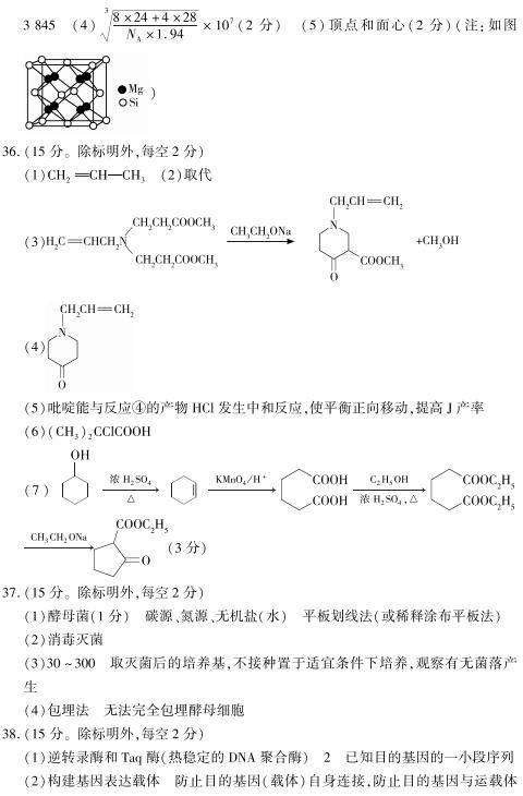 2019年豫科名校大联考B卷高三理科综合答案