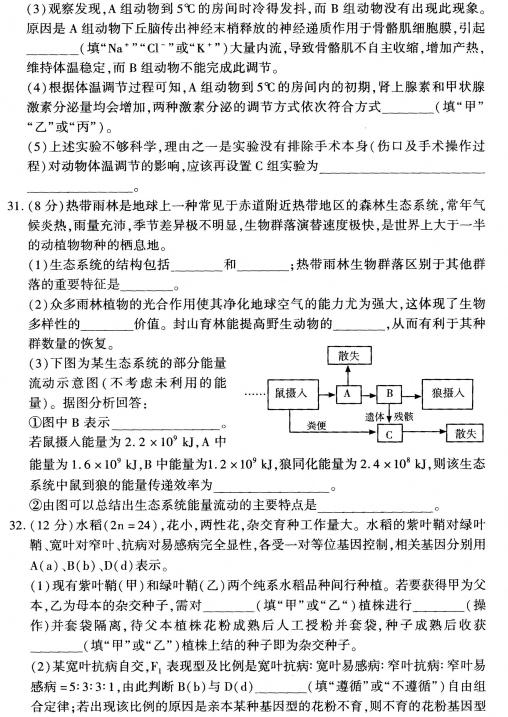 2019年豫科名校大联考B卷高三理科综合答案