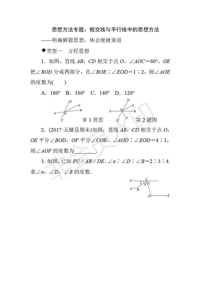 人教版七年级下册相交线与平行线中的思想方法