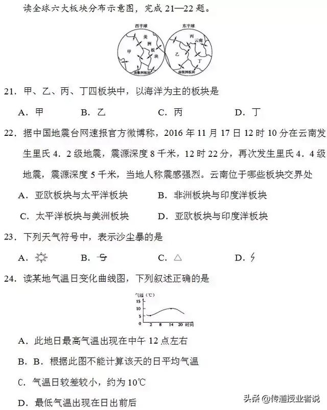 初一地理期末试卷（附答案）可打印，覆盖全部重难点