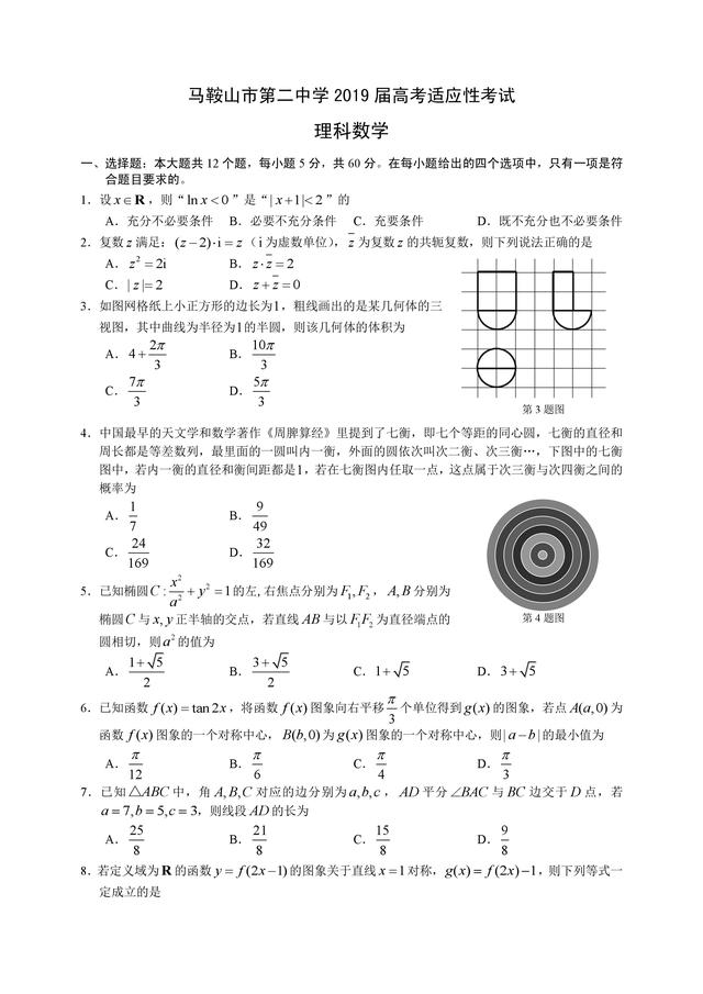 马鞍山市第二中学2019届高三适应性考试理科数学试题及答案