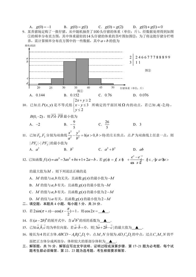 马鞍山市第二中学2019届高三适应性考试理科数学试题及答案