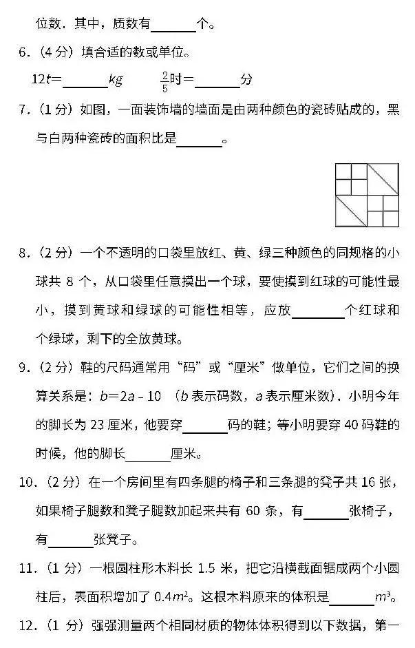 小学1～6年级数学下册期末测试卷（含答案），家长摸摸底儿