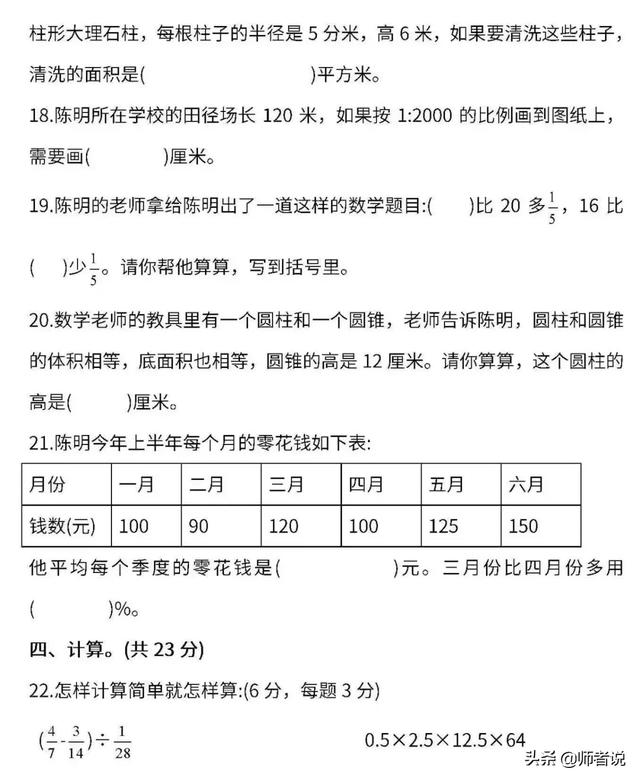 人教版1-6年级数学（下）期末密卷4，提前练习了解孩子学习情况