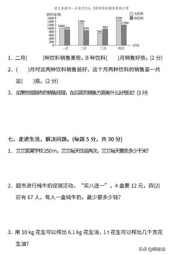 人教版1-6年级数学（下）期末密卷4，提前练习了解孩子学习情况