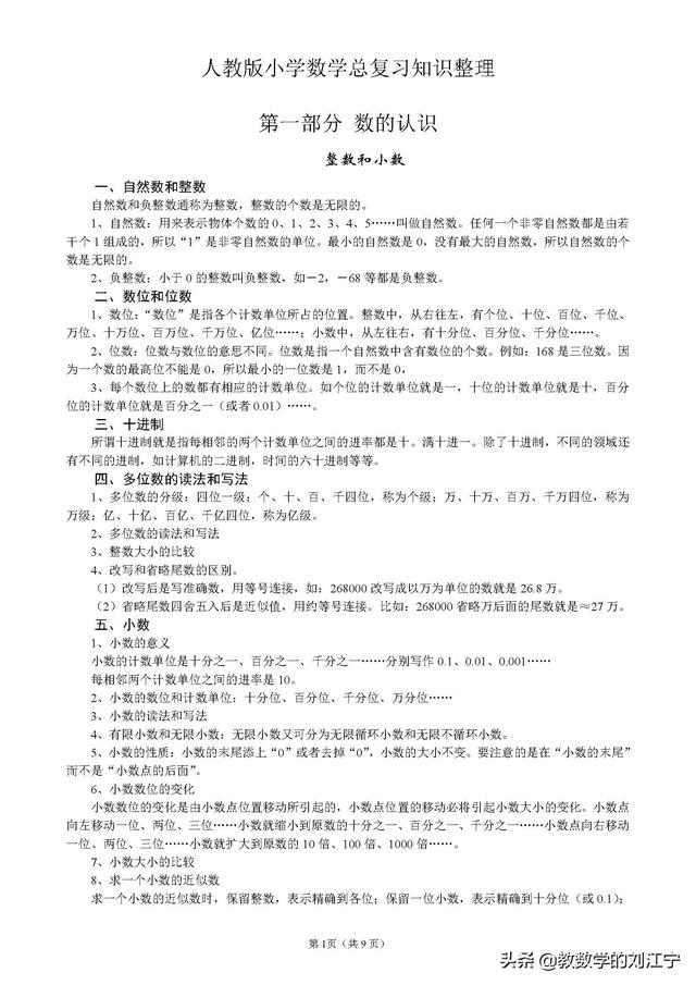 小学数学总复习知识整理（毕业考、分班考前的查漏补缺）