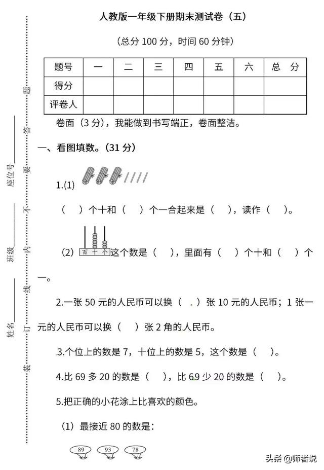 人教版1-6年级数学期末密卷5，家长都在排队打印，让孩子多练习