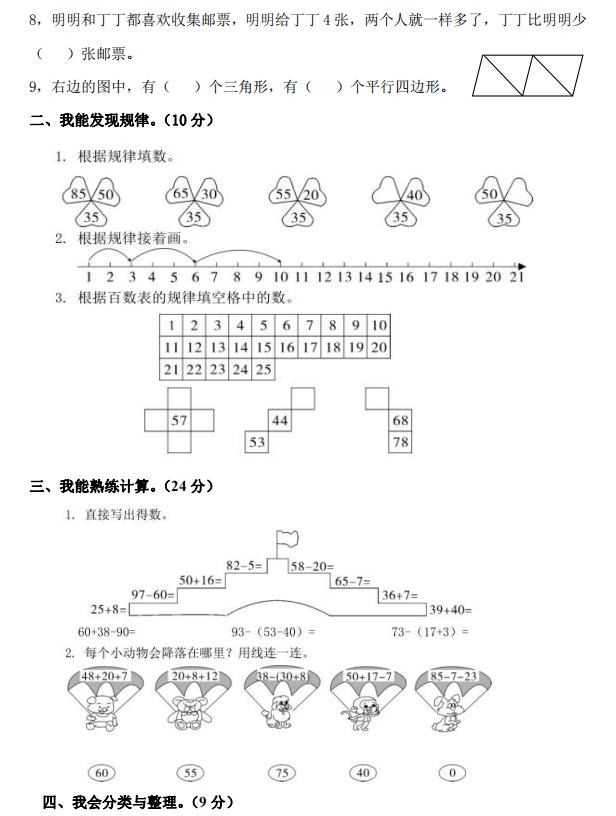 人教版一年级数学下册期末试卷两套，大题量涵盖面广