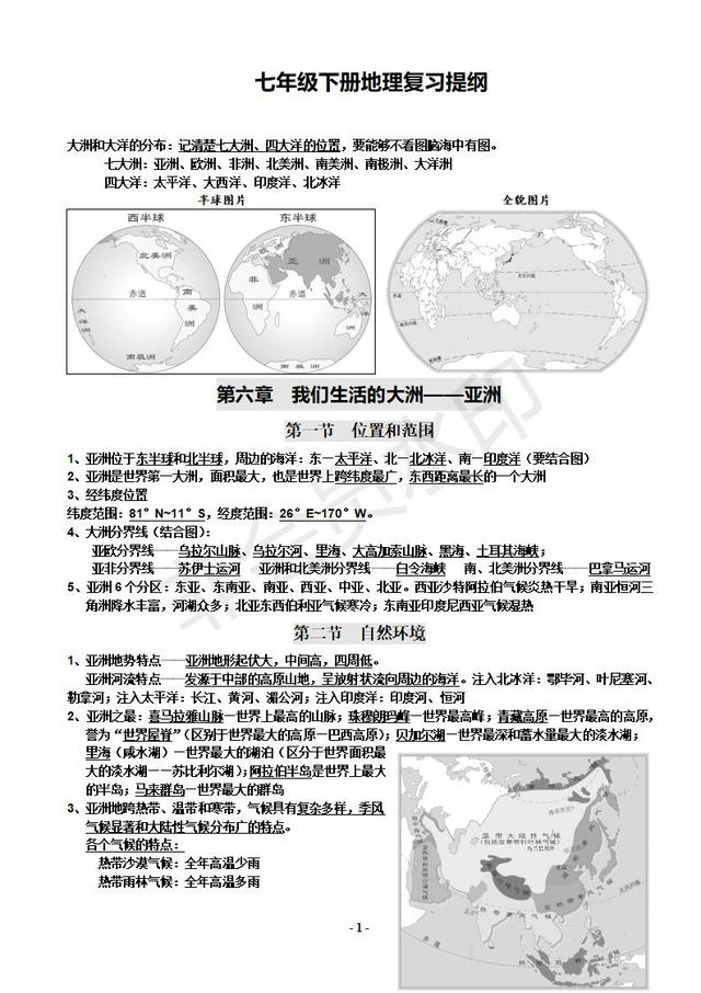 新人教版七年级下册地理复习提纲