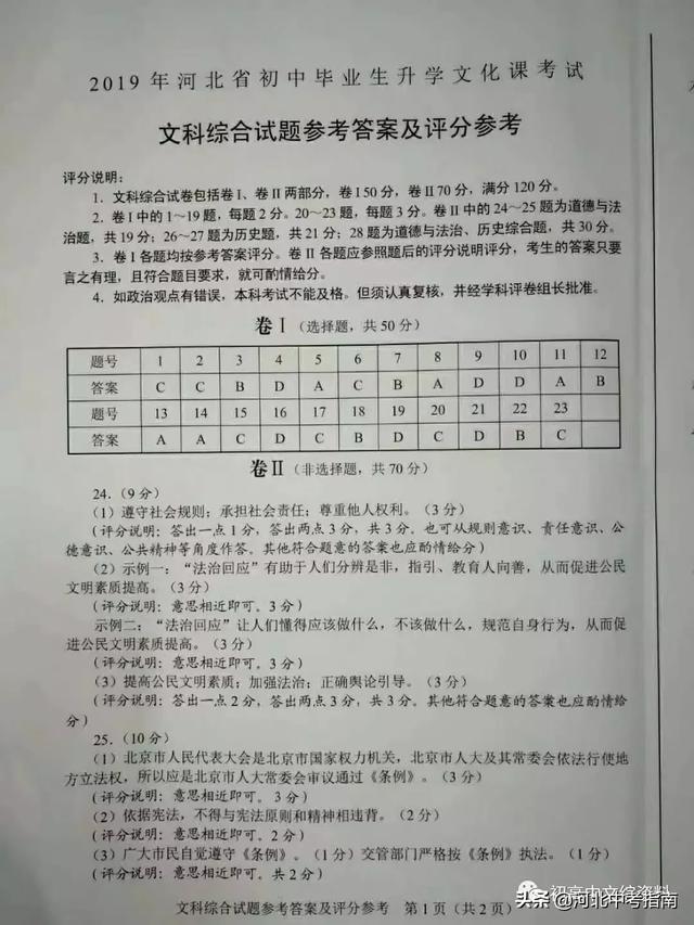 2019年河北省中考 文科综合试卷（清晰版）附答案