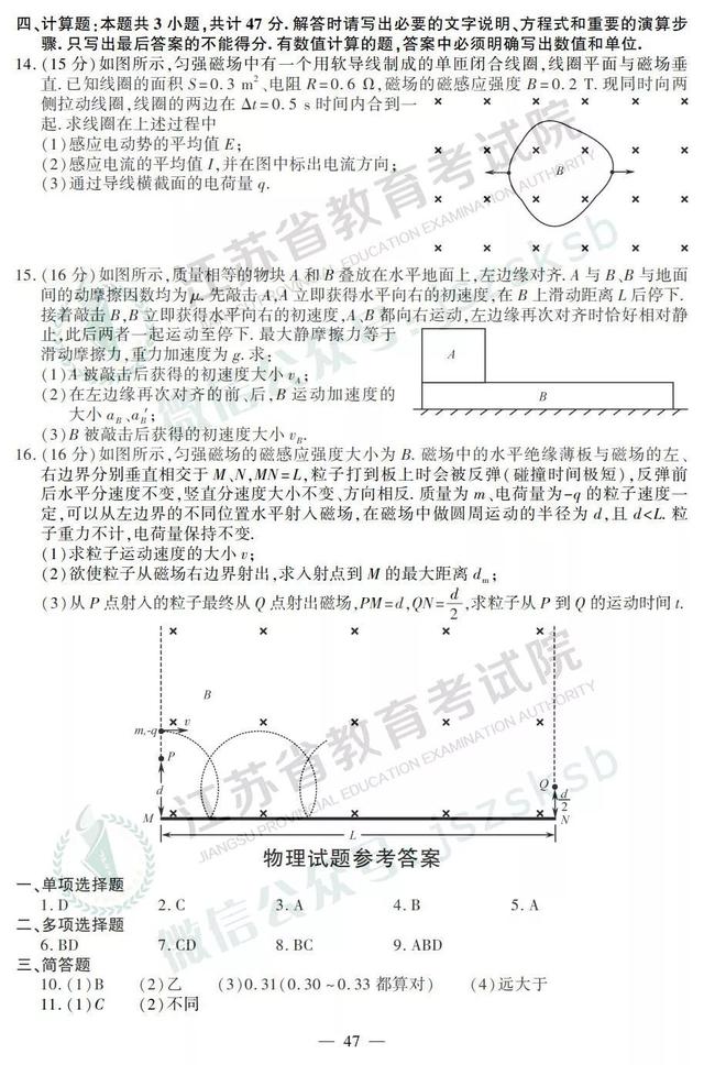 2019江苏高考物理、化学、生物试题+答案