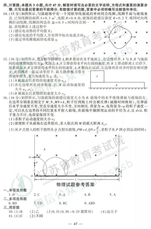 2019江苏高考物理、化学、生物试题+答案