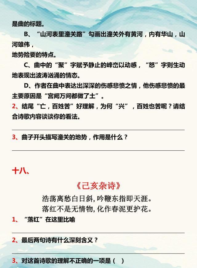 初中语文：2020年必背古诗文情景式默写，7-9 年级同学需要记住