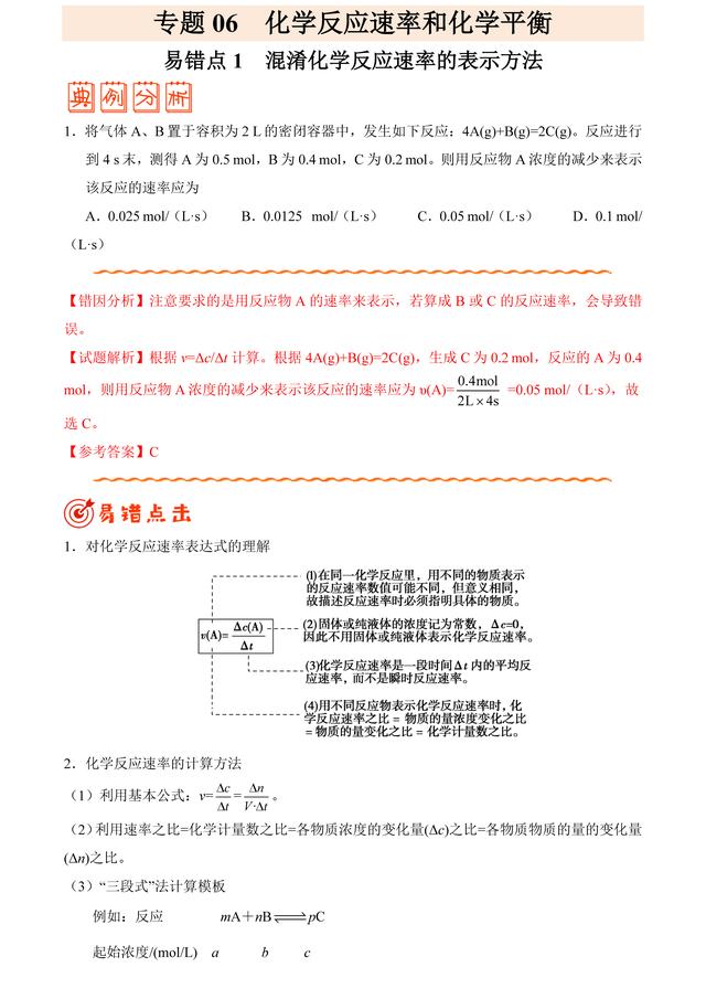 「状元笔记」06化学反应速率和化学平衡纠错笔记