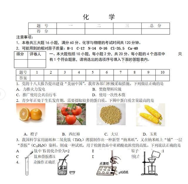 初中九年级化学测试题（含参考答案）