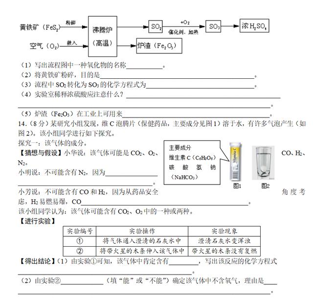 初中九年级化学测试题（含参考答案）