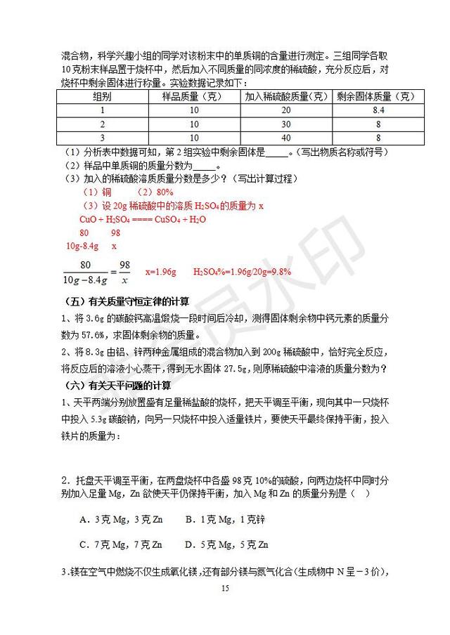 中考化学计算题常考题型总结