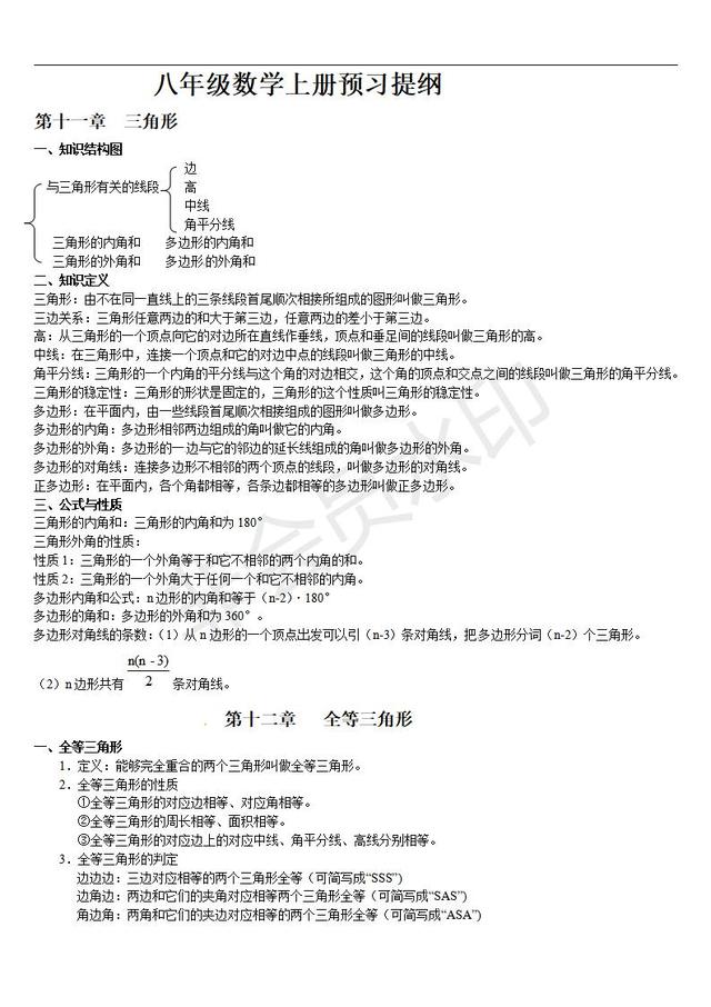 人教版八年级上册数学各章知识预习提纲