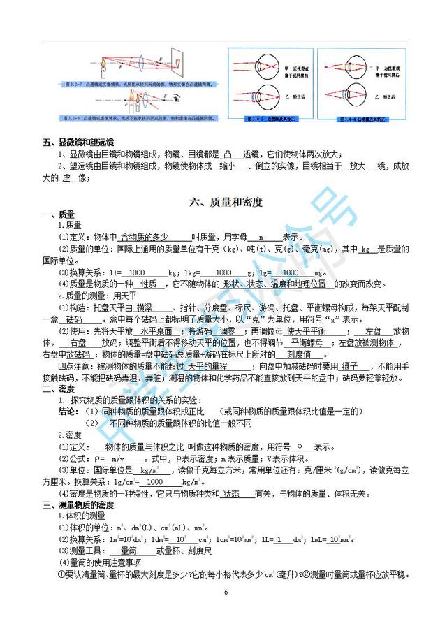 人教版初中物理知识点归纳复习填空和答案