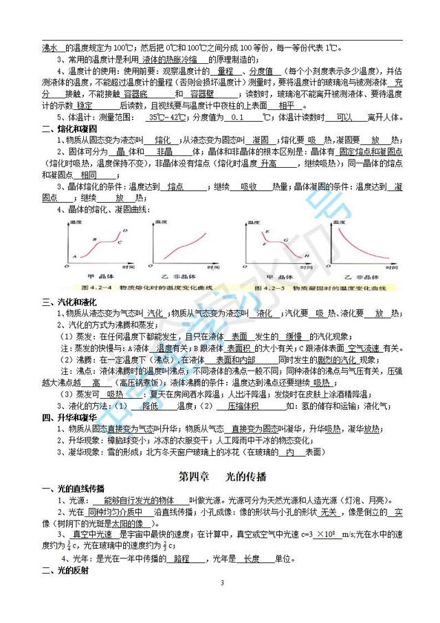 人教版初中物理知识点归纳复习填空和答案