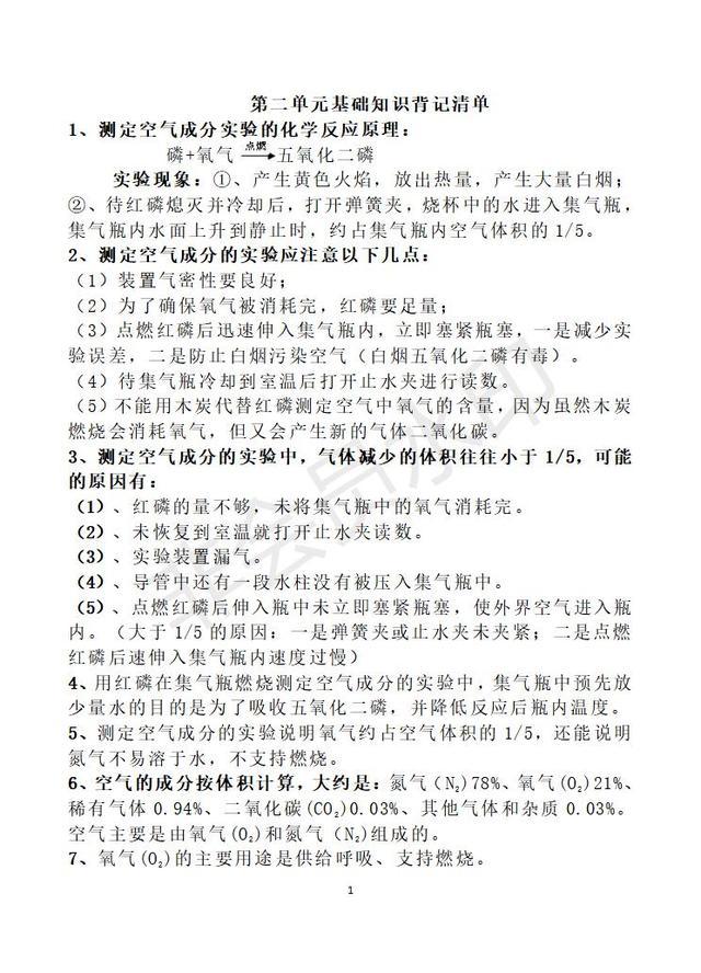 九年级化学单元必背知识清单：第二单元基础知识背记清单