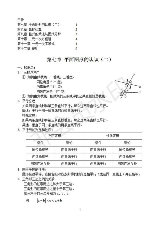 苏科版数学七年级下学期复习知识点归类