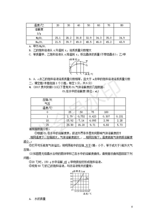 中考化学总复习第九单元溶液练习