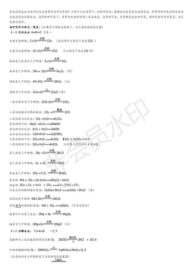 初中化学方程式整理与讲解