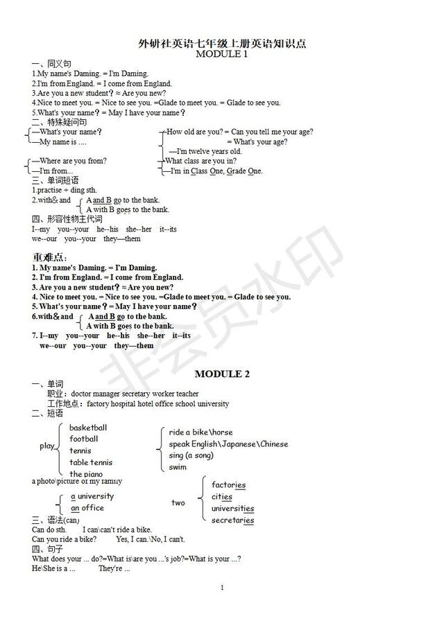 外研版初中7年级-九年级英语知识点汇总