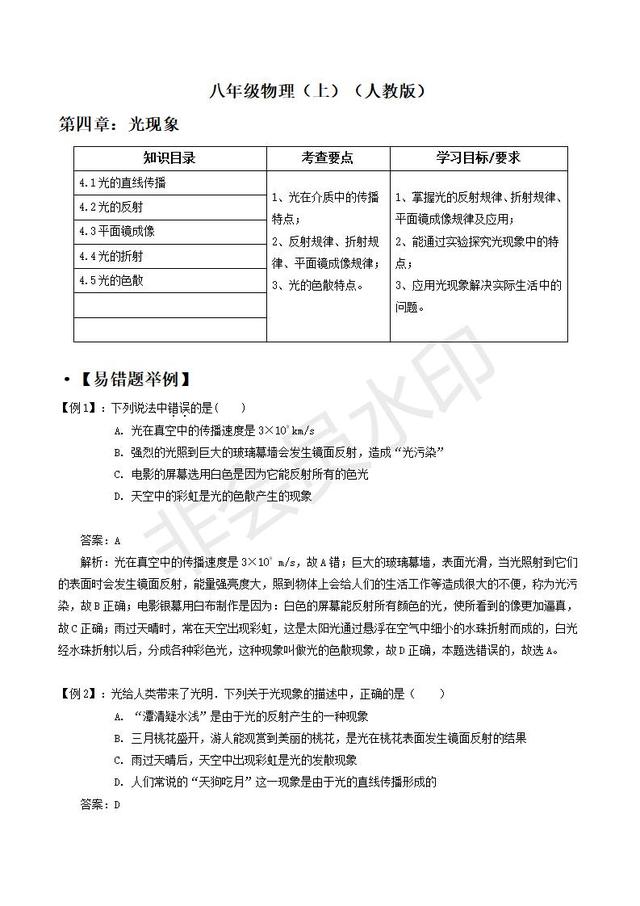 人教版八年级上册物理考点解析，第四章：光现象