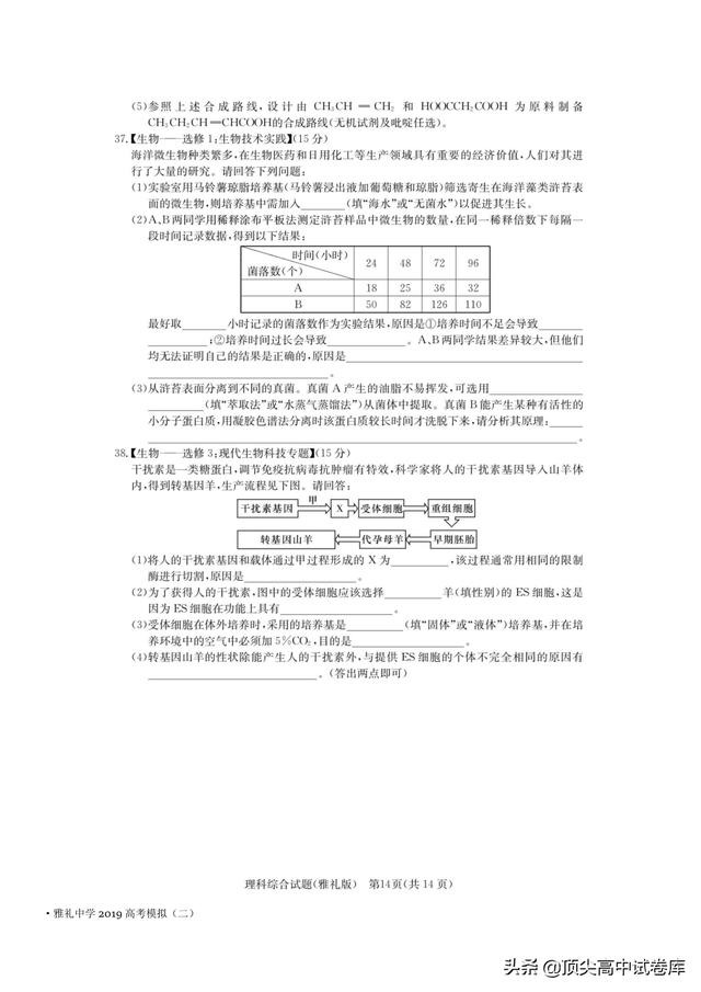 湖南省长沙市雅礼中学2019届高三下学期二模理科综合试题