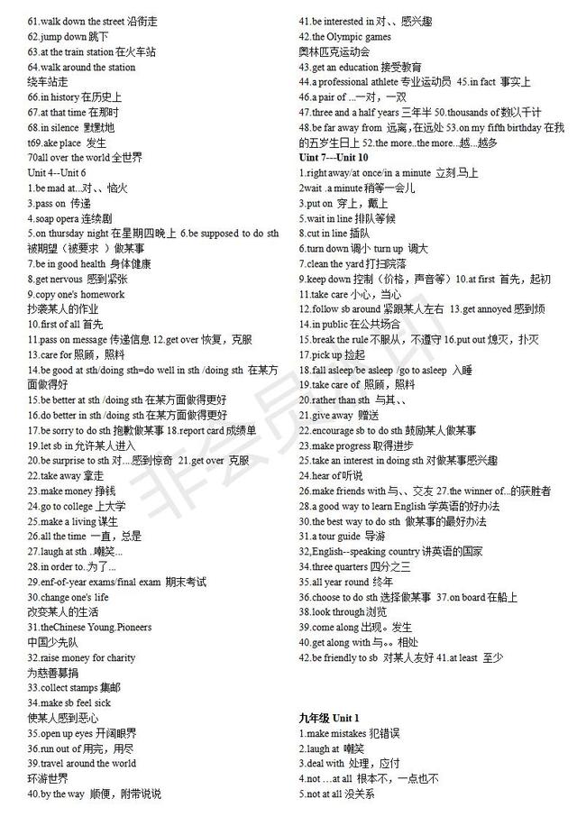 英语中考复习初一至初三英语词组归纳