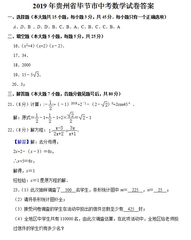 2019年贵州省毕节市中考数学试卷