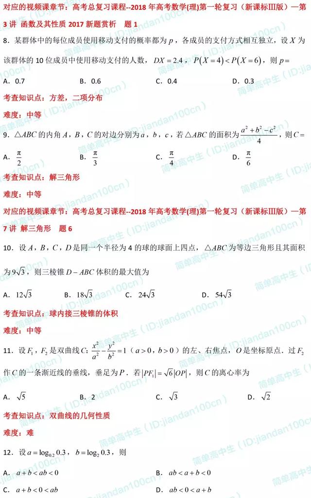 必刷题丨2018年高考理数「选择题」真题汇总