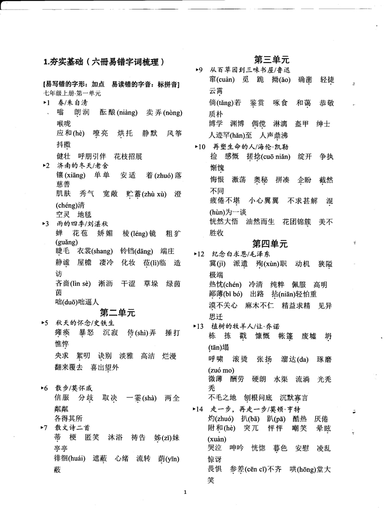 初中语文重点随堂笔记总结-六册易错字词梳理