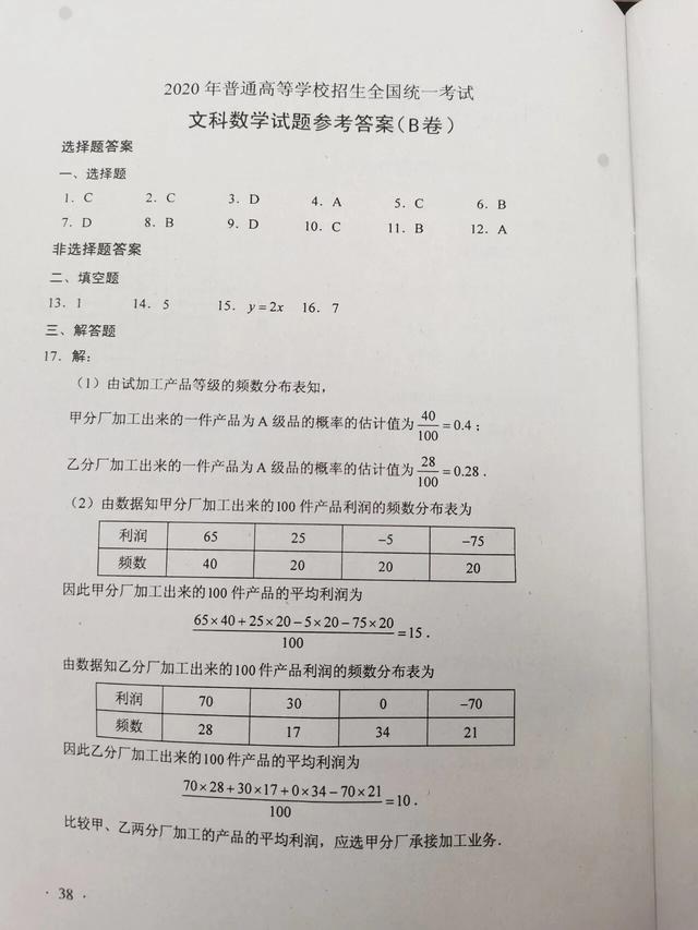 2020年高考全国卷（一）试卷及标准答案